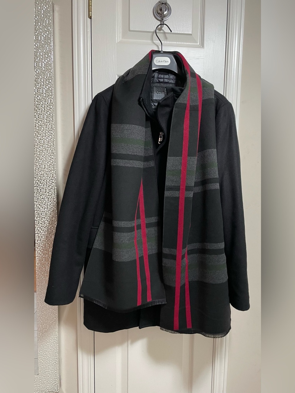 Black Scarf with Gray and Red Stripes -